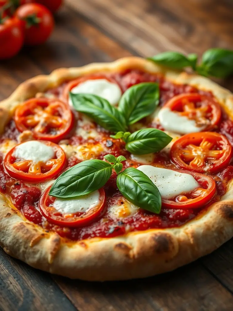 A close-up shot of a Freshslice Pizza Margherita pizza, showcasing the fresh basil, mozzarella, and tomato sauce on a perfectly baked crust.